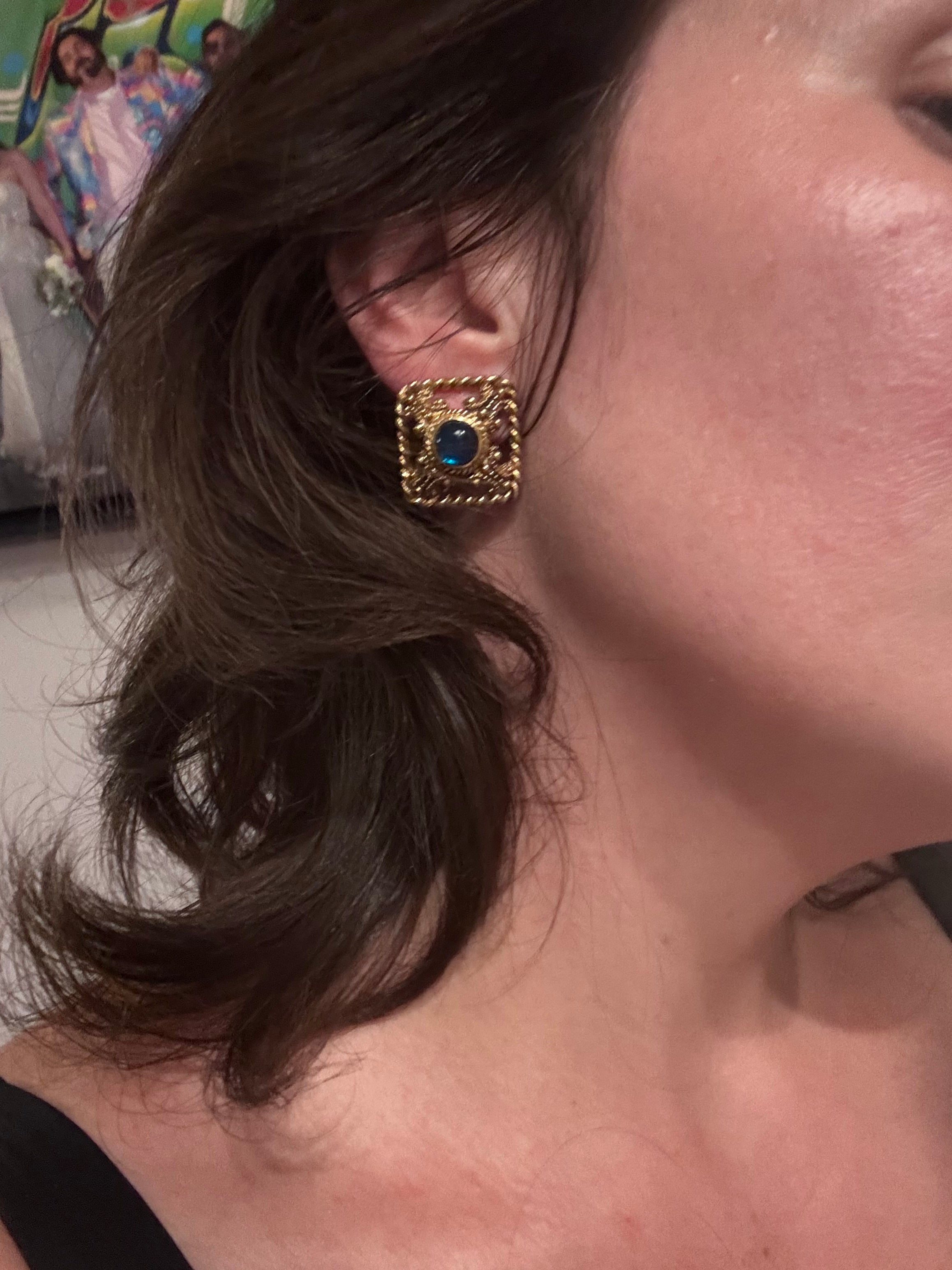 Vintage Givenchy Gold Tone Blue Cabochon Clip-On Earrings