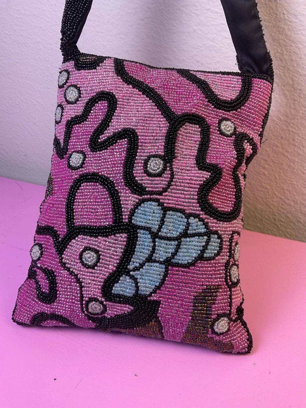 Vintage Hand Beaded Pink & Black Crossbody Bag | Another Y & S Original