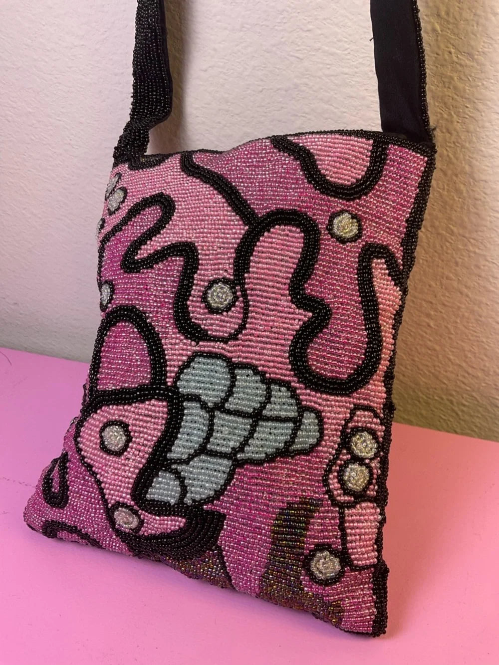 Vintage Hand Beaded Pink & Black Crossbody Bag | Another Y & S Original