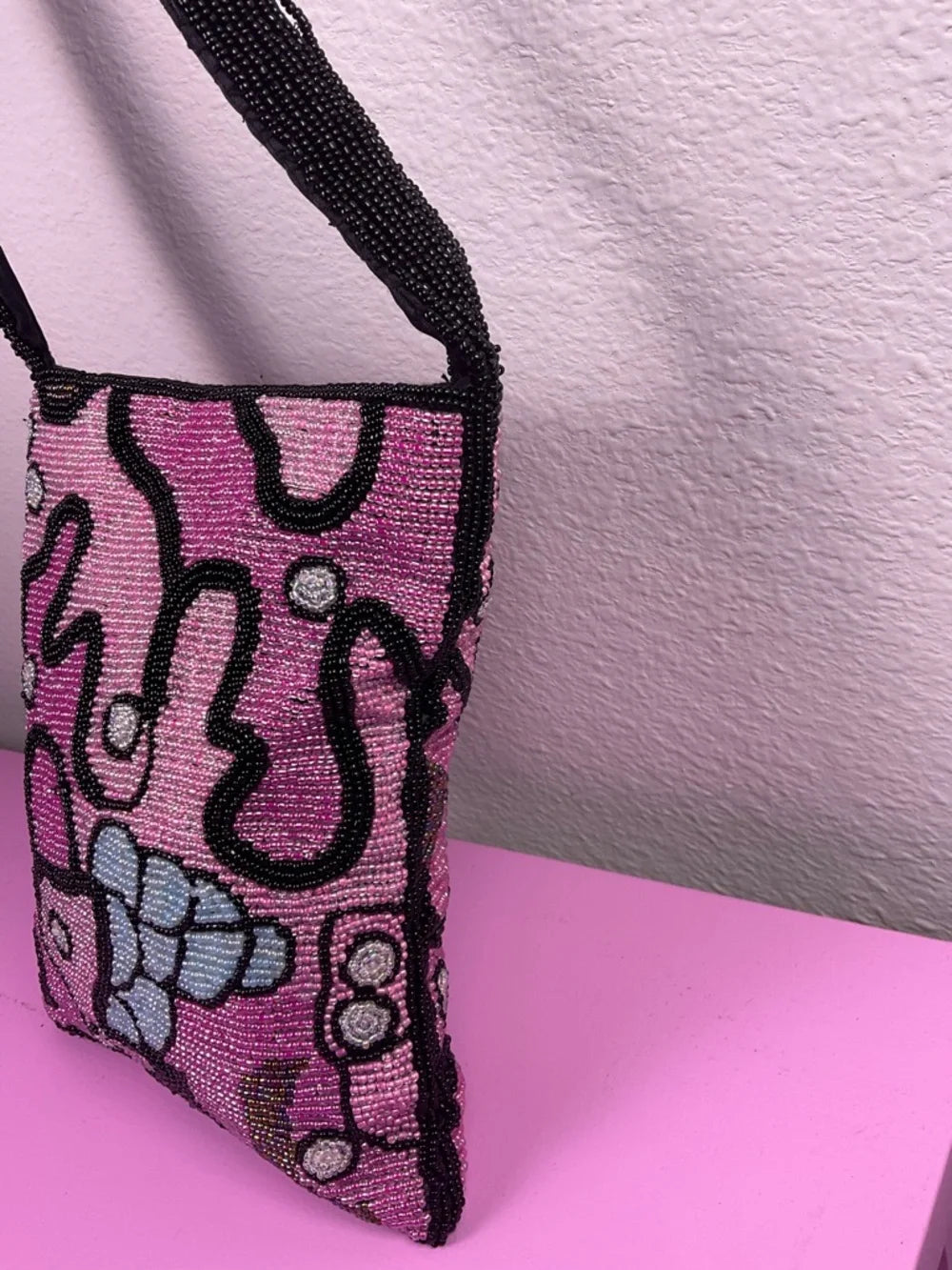Vintage Hand Beaded Pink & Black Crossbody Bag | Another Y & S Original