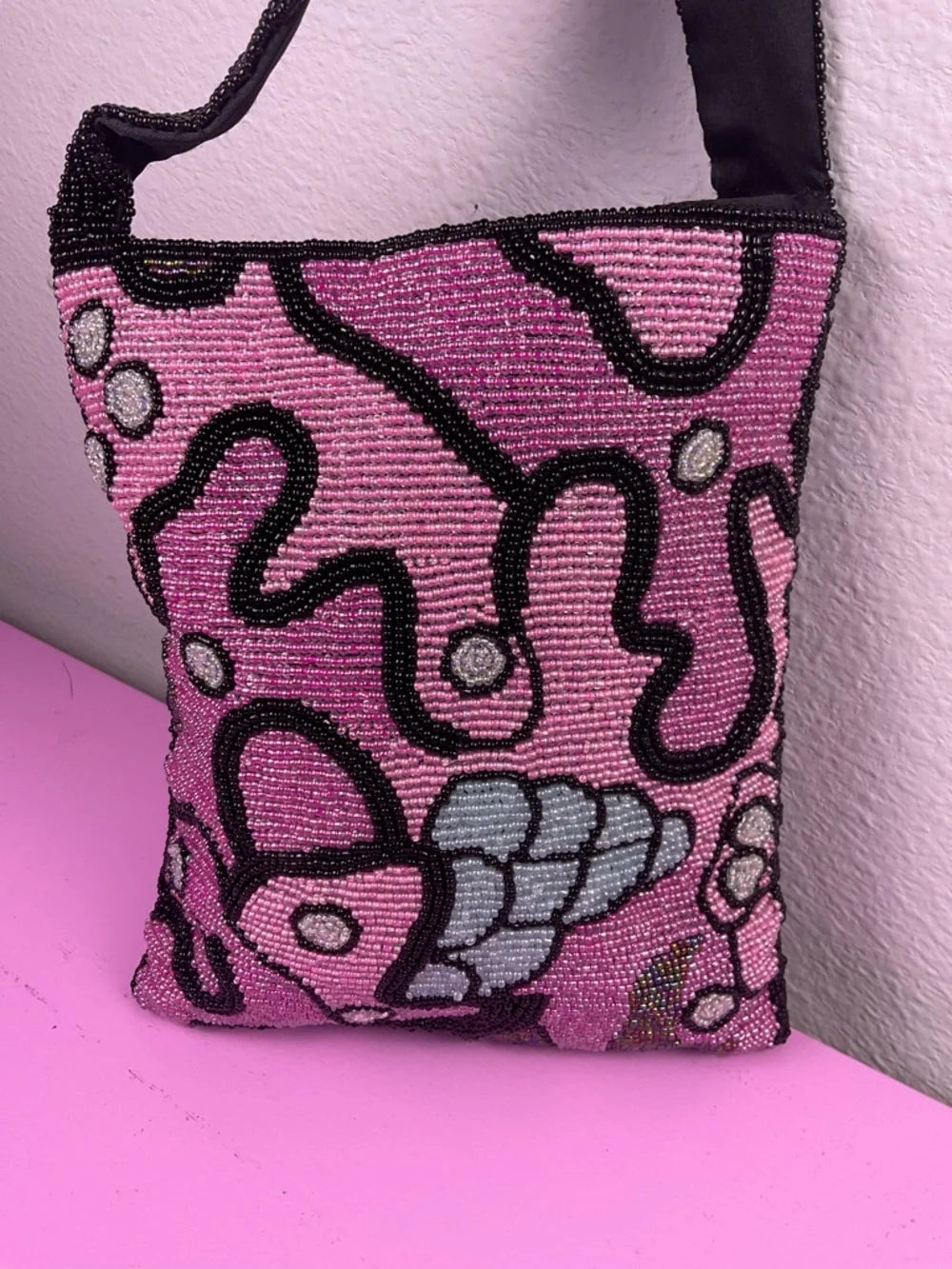 Vintage Hand Beaded Pink & Black Crossbody Bag | Another Y & S Original
