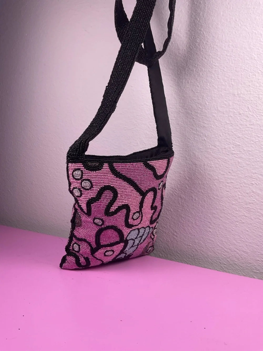 Vintage Hand Beaded Pink & Black Crossbody Bag | Another Y & S Original