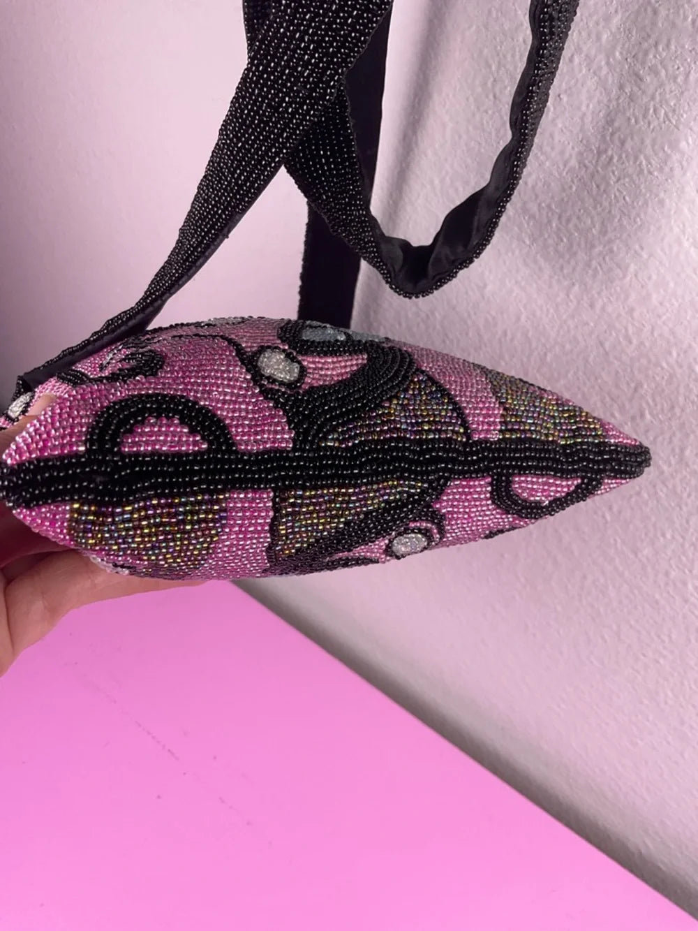 Vintage Hand Beaded Pink & Black Crossbody Bag | Another Y & S Original
