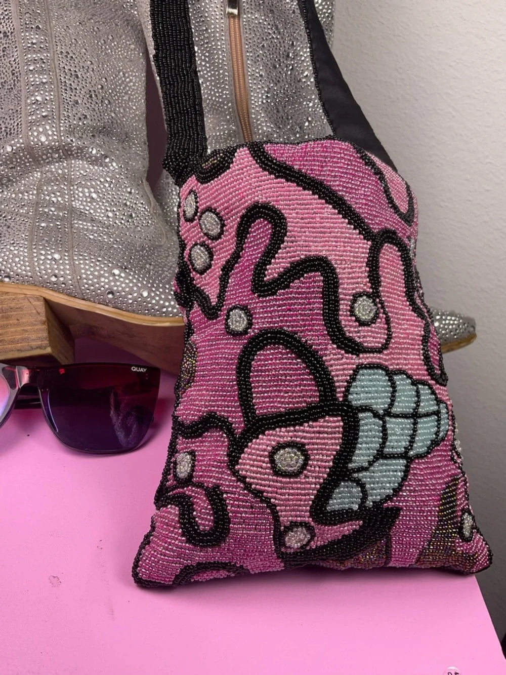 Vintage Hand Beaded Pink & Black Crossbody Bag | Another Y & S Original