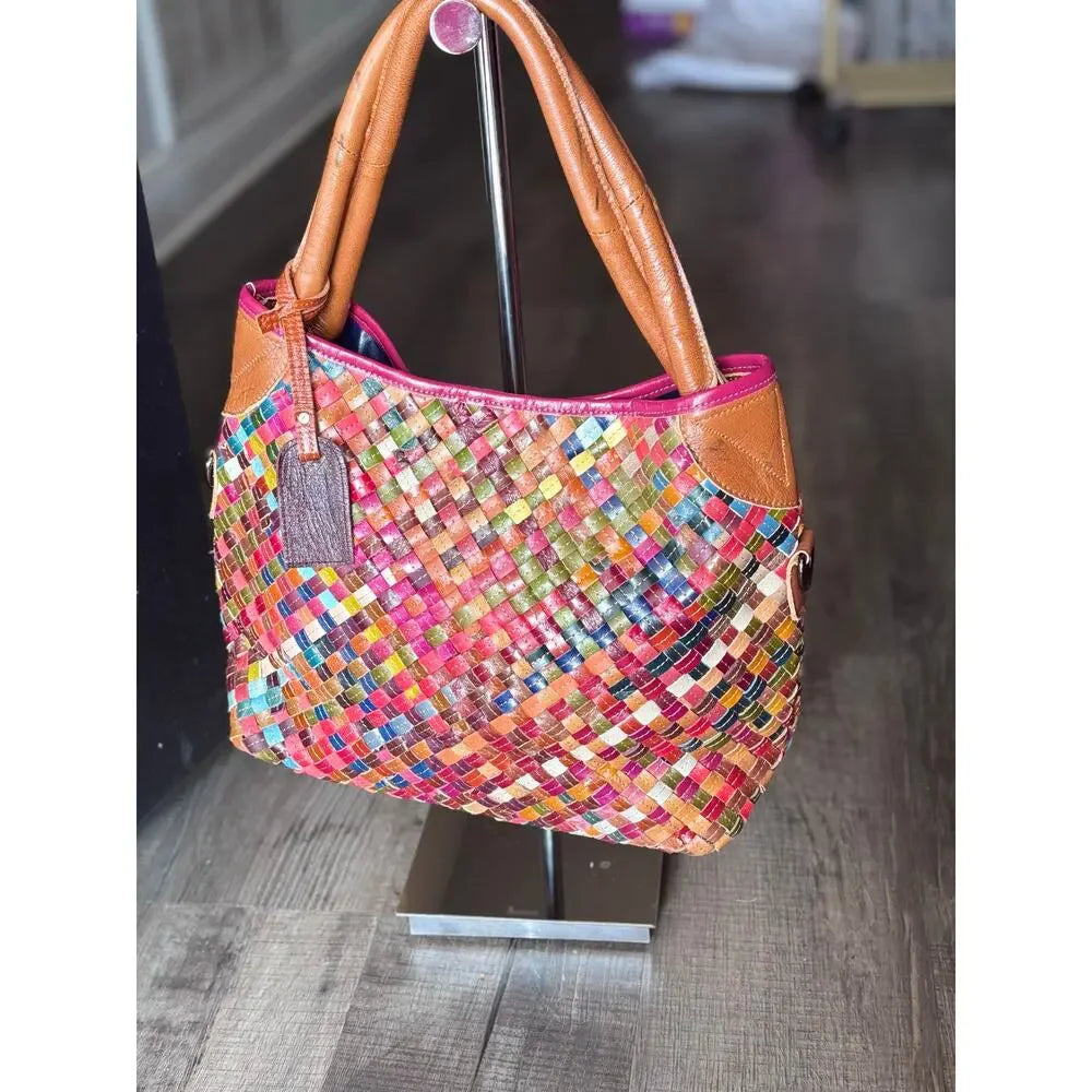 Spring Step L'Artiste Oversized Woven Leather Shoulder Tote | Multicolor Basketweave