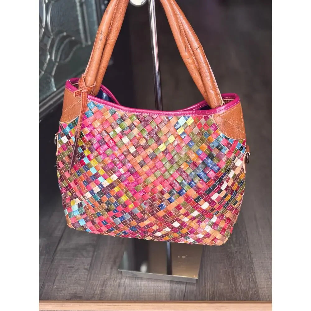 Spring Step L'Artiste Oversized Woven Leather Shoulder Tote | Multicolor Basketweave