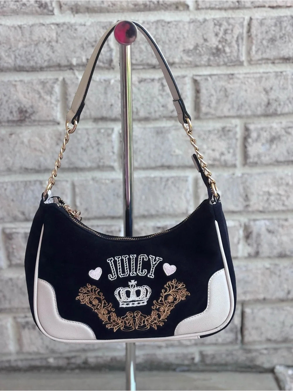 Juicy Couture Y2K Velour Mini Shoulder Bag Black & White Crown Embroidered