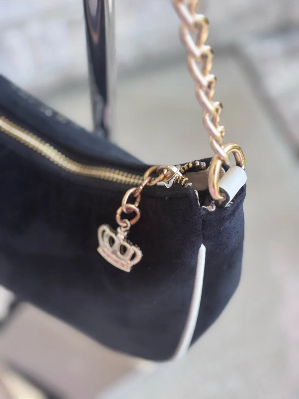 Juicy Couture Y2K Velour Mini Shoulder Bag Black & White Crown Embroidered