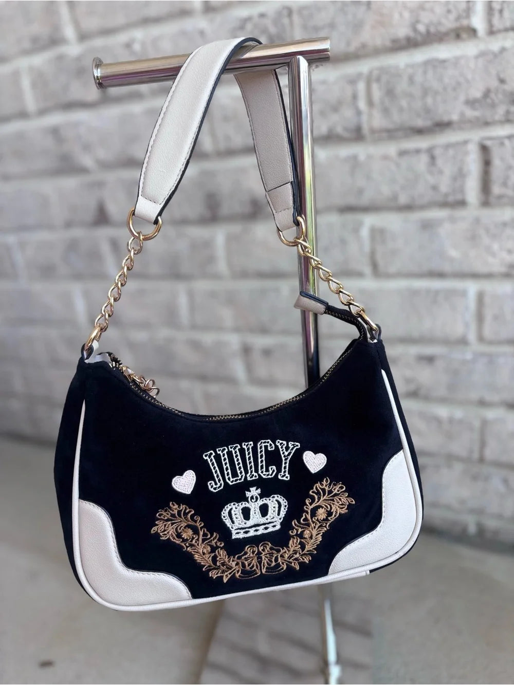 Juicy Couture Y2K Velour Mini Shoulder Bag Black & White Crown Embroidered