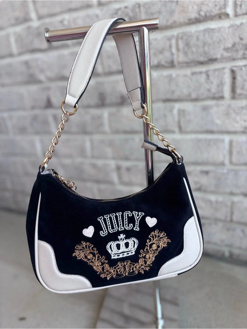 Juicy Couture Y2K Velour Mini Shoulder Bag Black & White Crown Embroidered