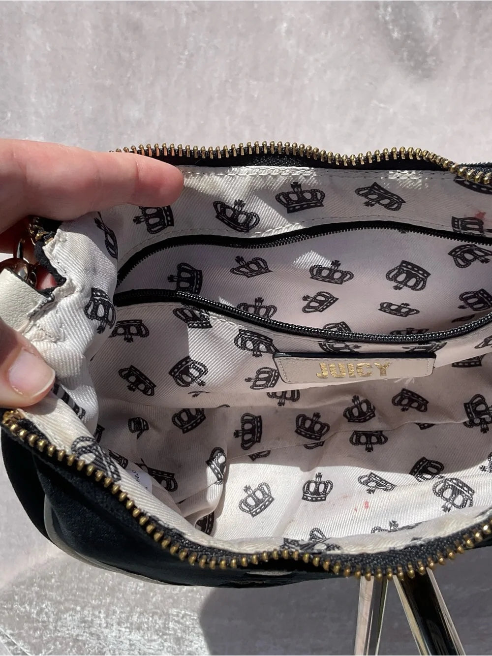 Juicy Couture Y2K Velour Mini Shoulder Bag Black & White Crown Embroidered