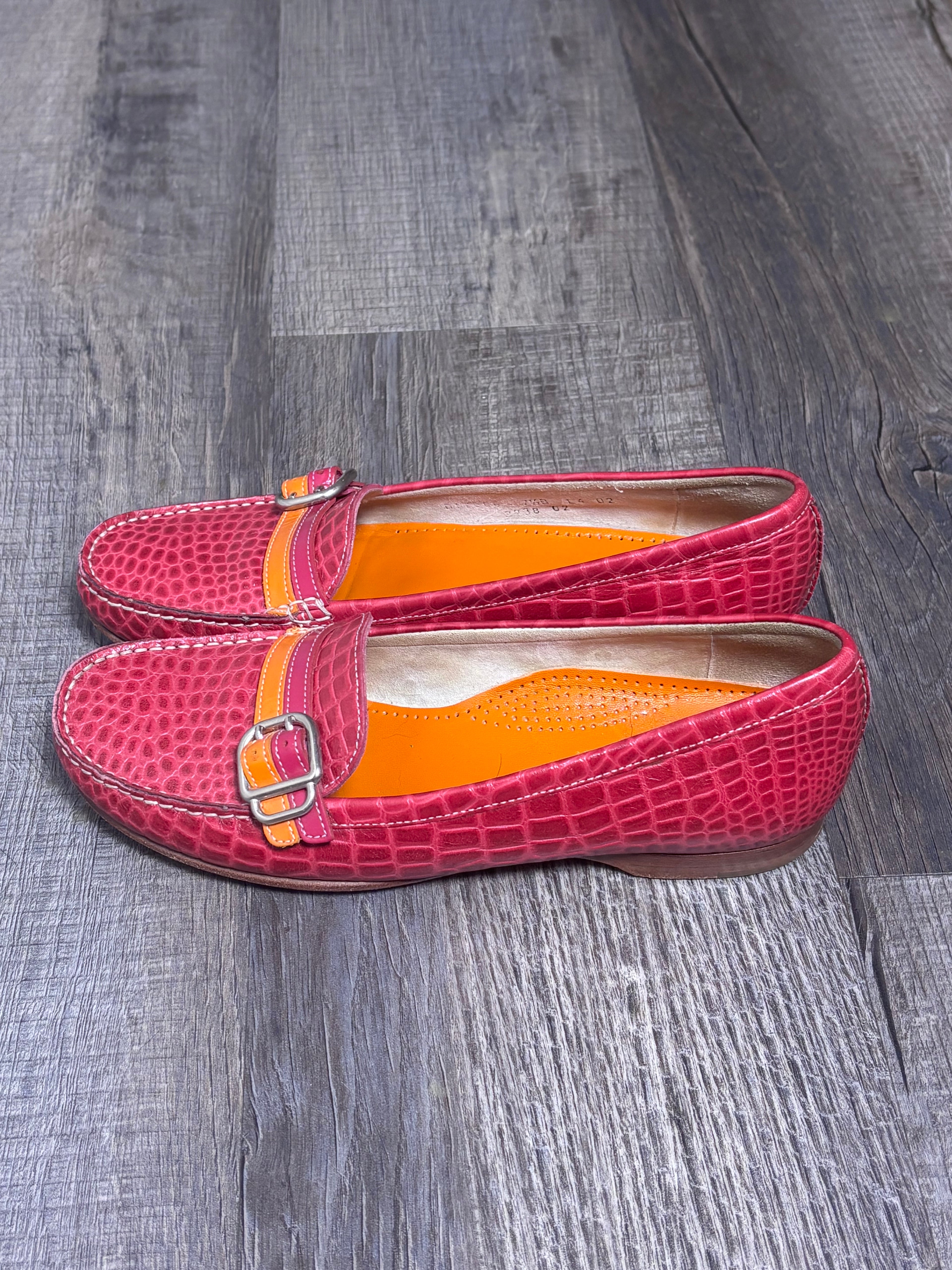 Cole Haan 7.5B Pink Croc Embossed Leather Buckle Loafers EUC orange genuine slip