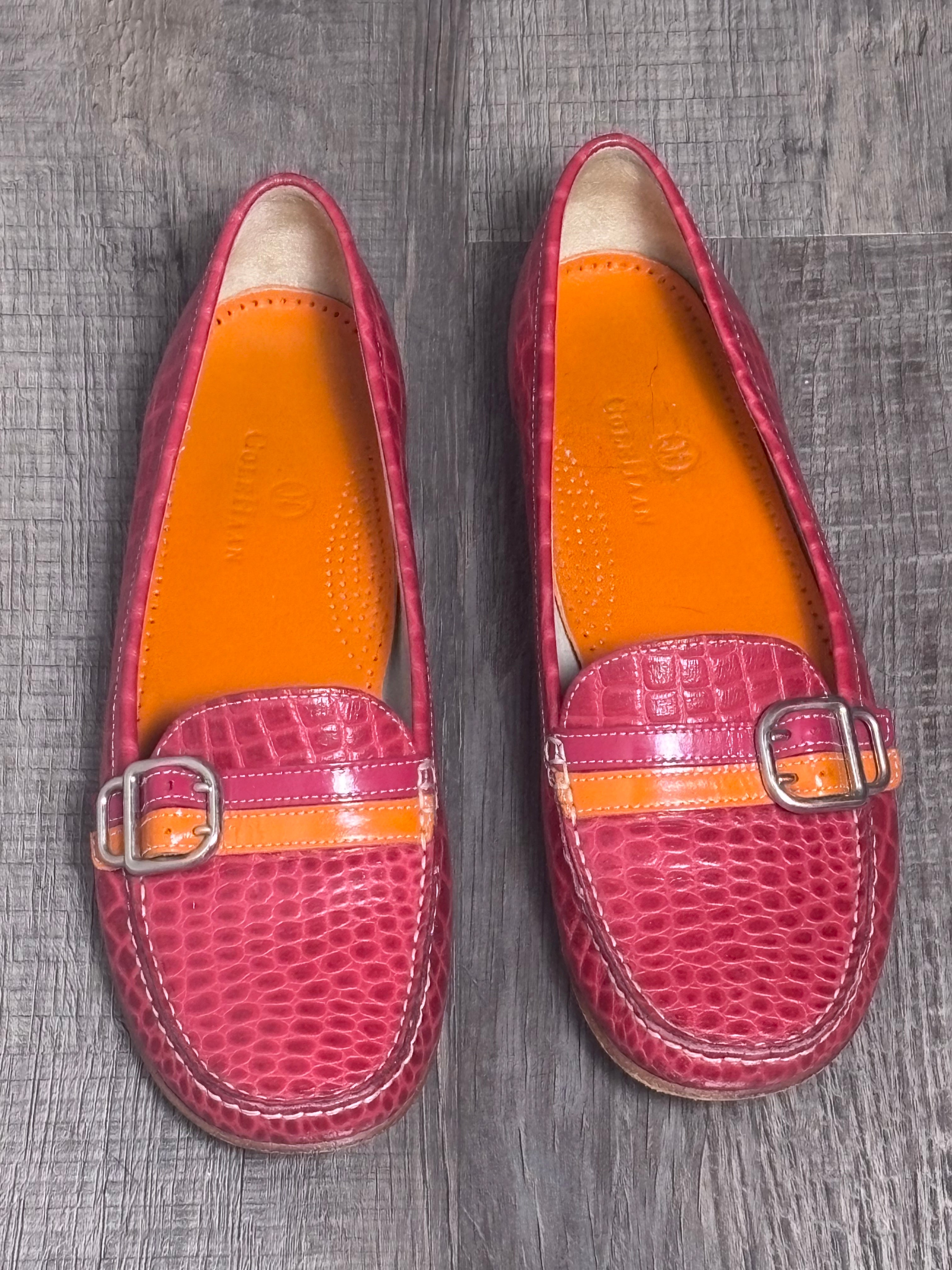 Cole Haan 7.5B Pink Croc Embossed Leather Buckle Loafers EUC orange genuine slip