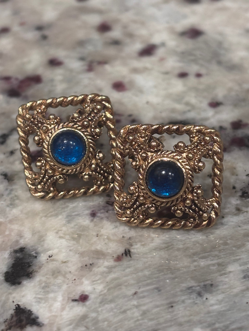 Vintage Givenchy Gold Tone Blue Cabochon Clip-On Earrings