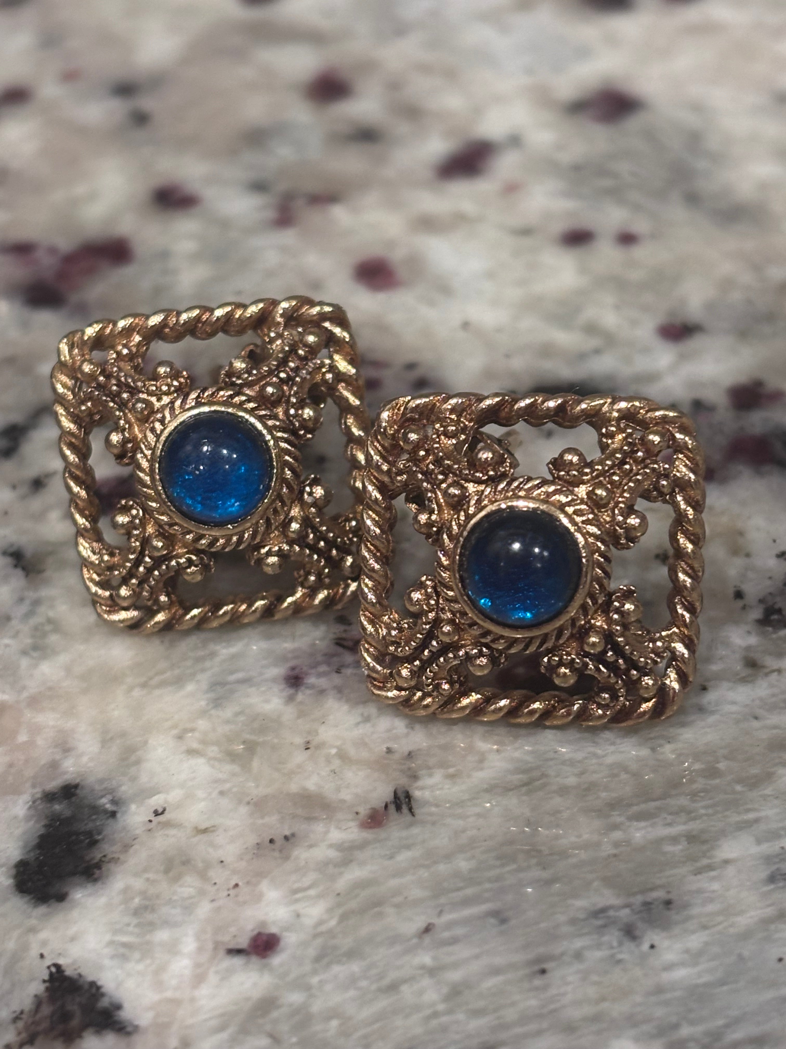Vintage Givenchy Gold Tone Blue Cabochon Clip-On Earrings